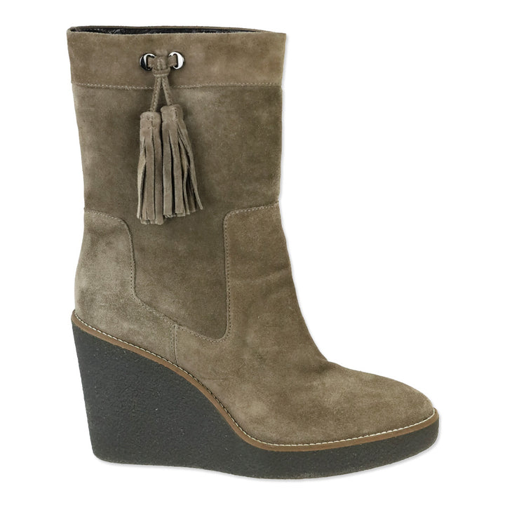 Aquatalia Viola Brown Suede Tasseled Fringe Mid Calf Wedge Boot