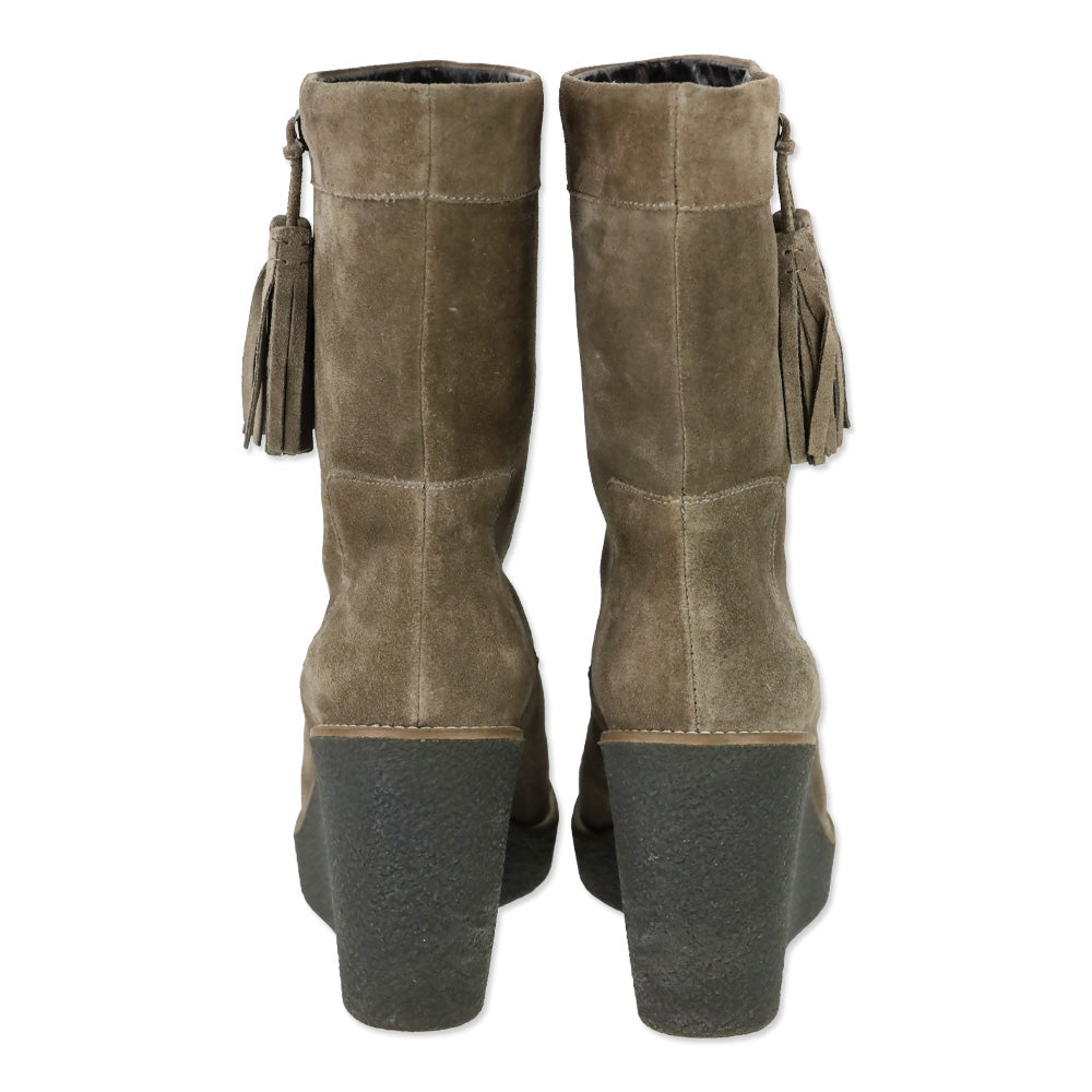 Aquatalia Viola Brown Suede Tasseled Fringe Mid Calf Wedge Boot