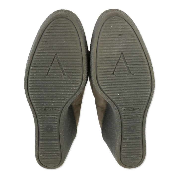 Aquatalia Viola Brown Suede Tasseled Fringe Mid Calf Wedge Boot