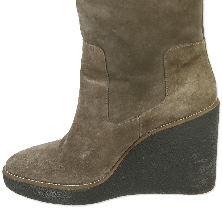 Aquatalia Viola Brown Suede Tasseled Fringe Mid Calf Wedge Boot