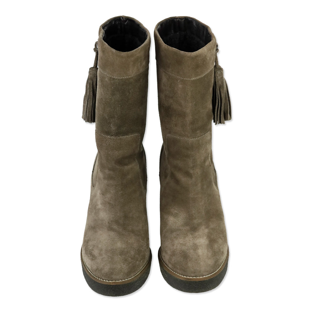 Aquatalia Viola Brown Suede Tasseled Fringe Mid Calf Wedge Boot