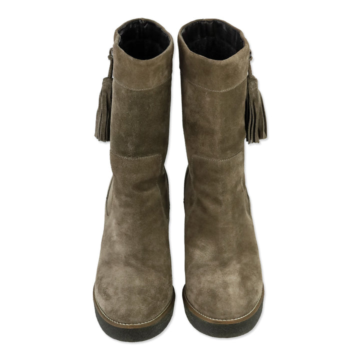 Aquatalia Viola Brown Suede Tasseled Fringe Mid Calf Wedge Boot