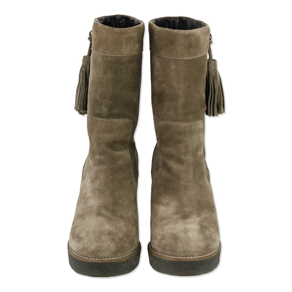 Aquatalia Viola Brown Suede Tasseled Fringe Mid Calf Wedge Boot