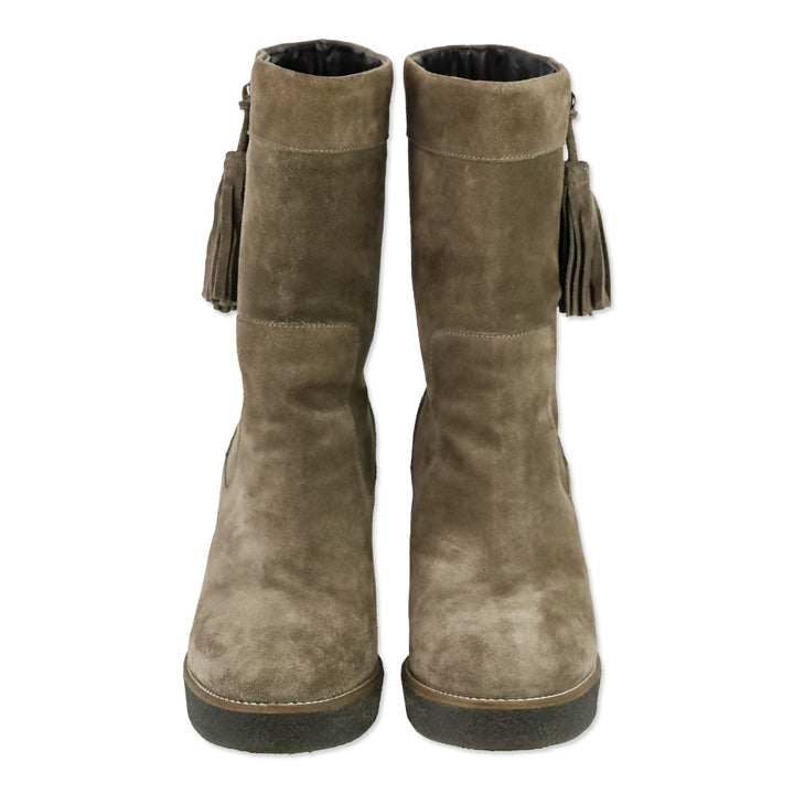 Aquatalia Viola Brown Suede Tasseled Fringe Mid Calf Wedge Boot