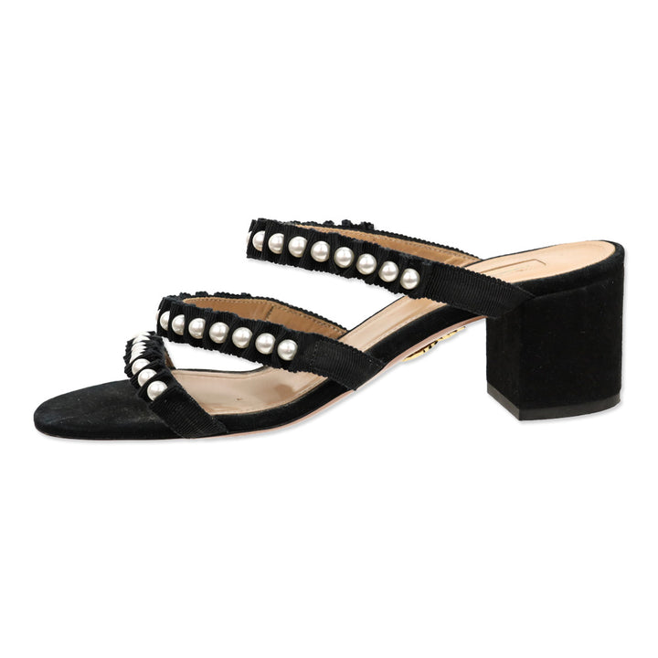 Aquazzura Black Suede Pearl Grosgrain Trim Love Story Sandal 50