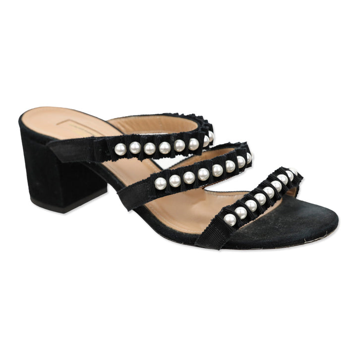 Aquazzura Black Suede Pearl Grosgrain Trim Love Story Sandal 50