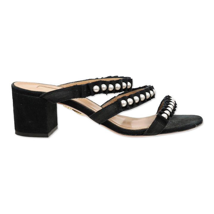 Aquazzura Black Suede Pearl Grosgrain Trim Love Story Sandal 50