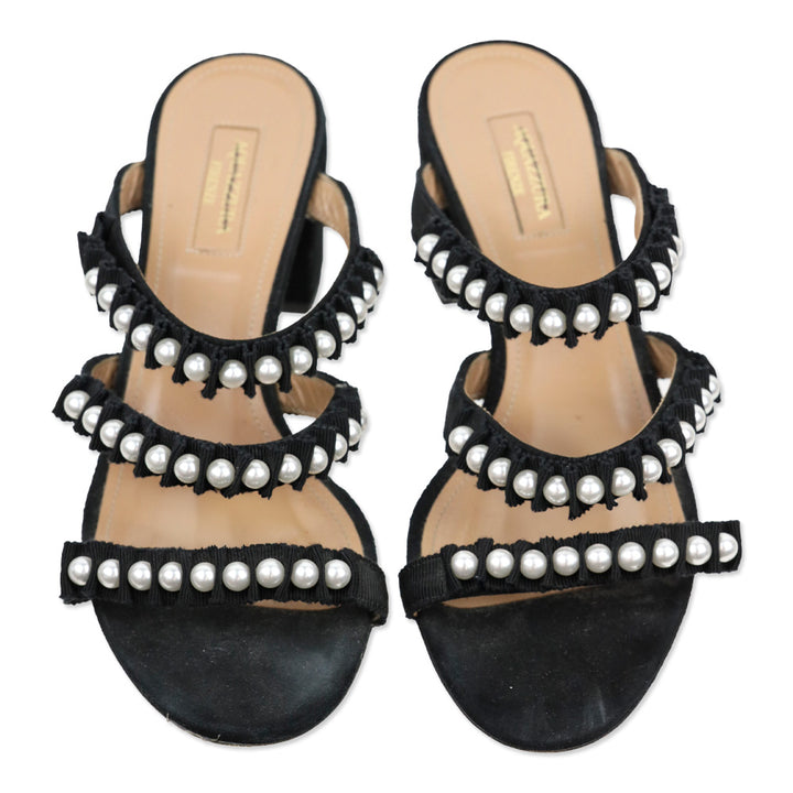 Aquazzura Black Suede Pearl Grosgrain Trim Love Story Sandal 50