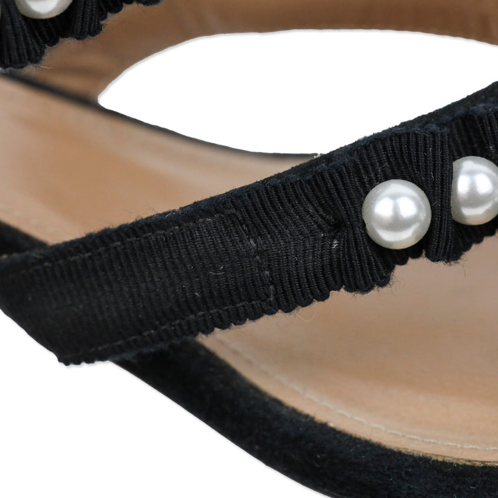 Aquazzura Black Suede Pearl Grosgrain Trim Love Story Sandal 50