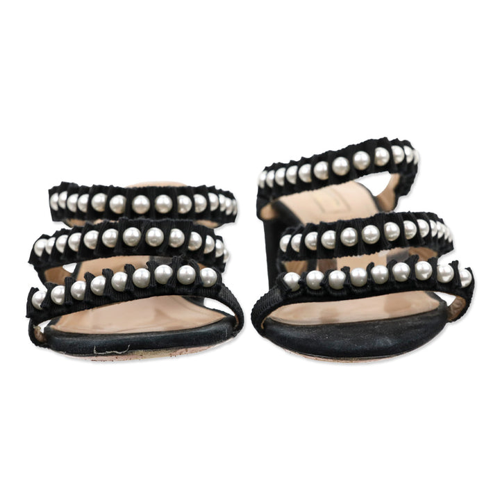 Aquazzura Black Suede Pearl Grosgrain Trim Love Story Sandal 50