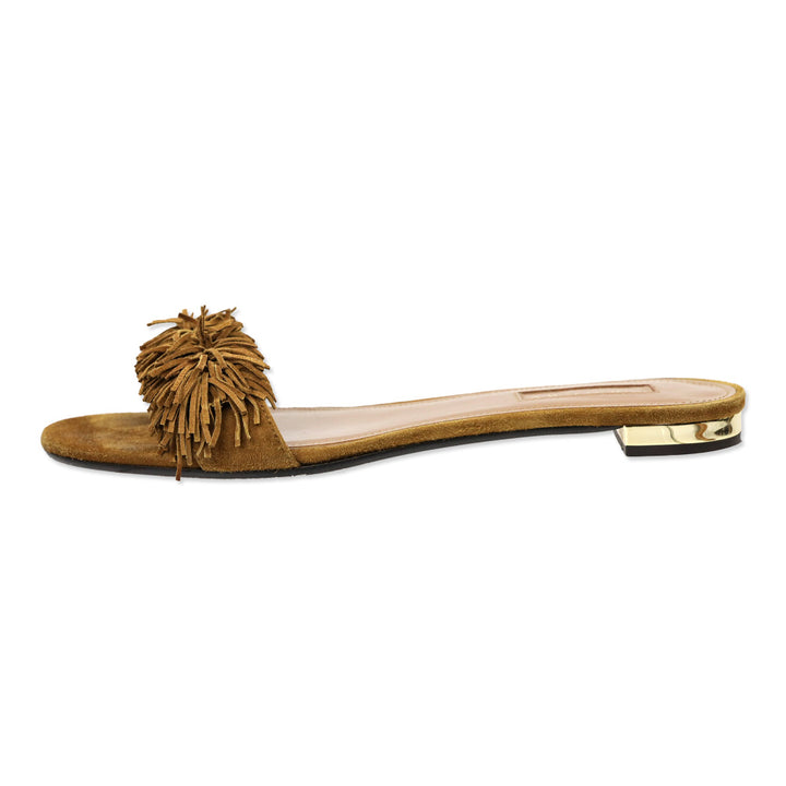 Aquazzura Cognac Fringed Suede Wild Thing Flat Slides