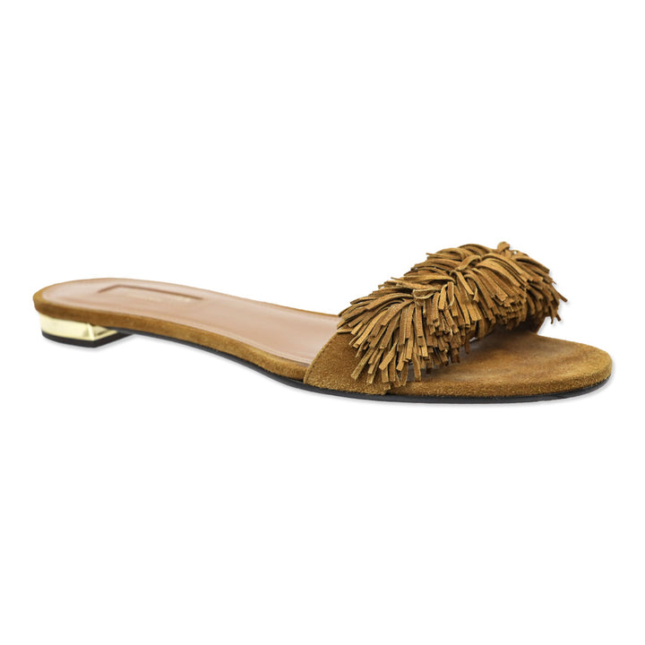 Aquazzura Cognac Fringed Suede Wild Thing Flat Slides