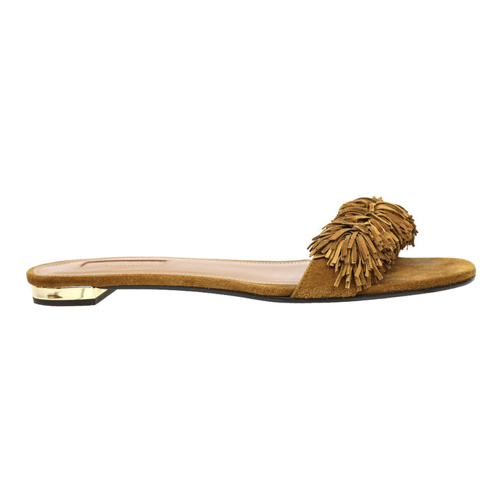 Aquazzura Cognac Fringed Suede Wild Thing Flat Slides