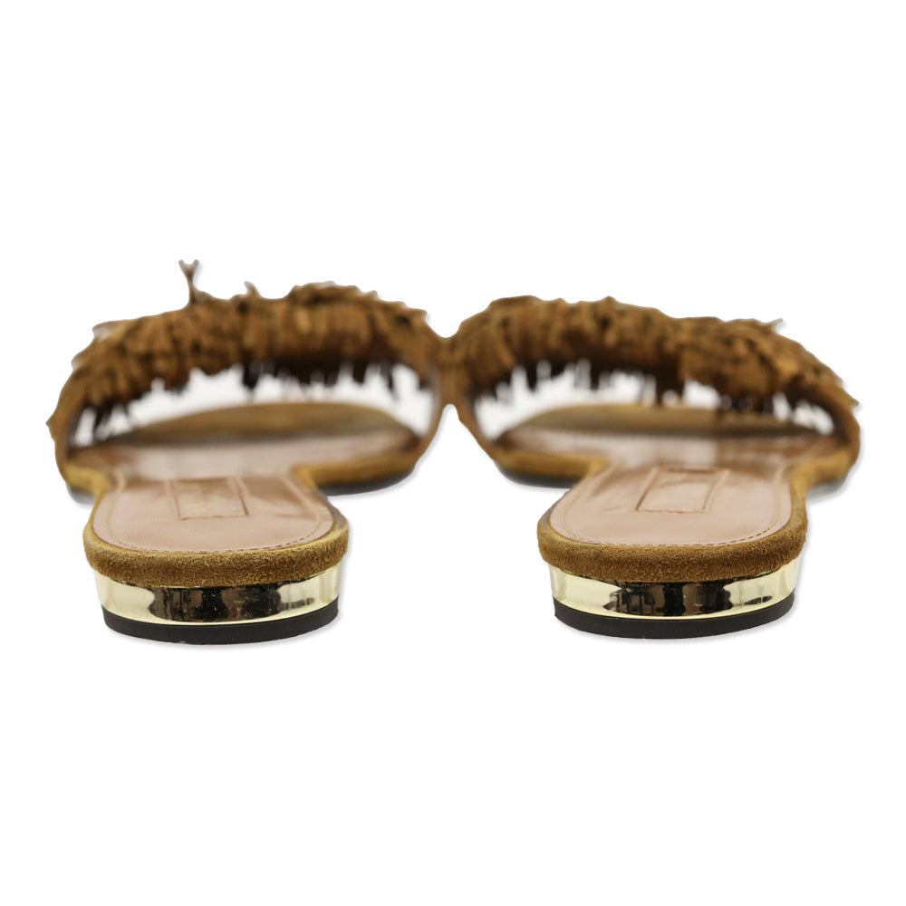 Aquazzura Cognac Fringed Suede Wild Thing Flat Slides
