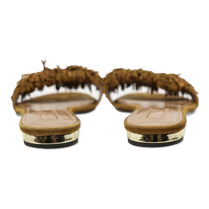 Aquazzura Cognac Fringed Suede Wild Thing Flat Slides