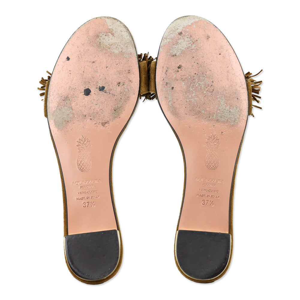Aquazzura Cognac Fringed Suede Wild Thing Flat Slides