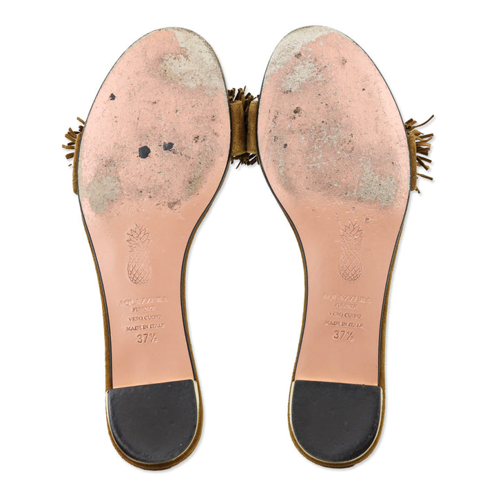 Aquazzura Cognac Fringed Suede Wild Thing Flat Slides
