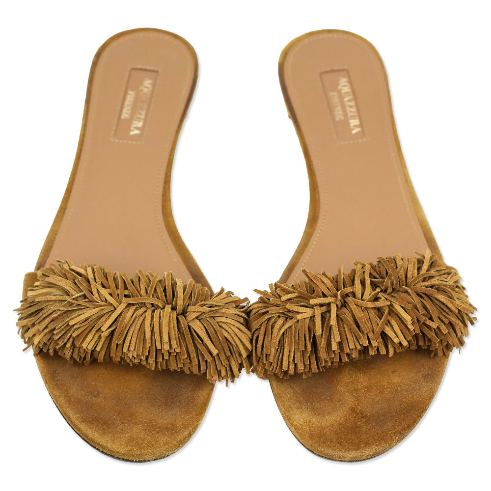 Aquazzura Cognac Fringed Suede Wild Thing Flat Slides