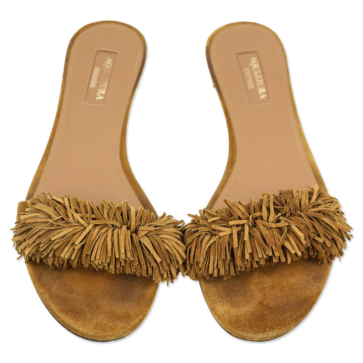 Aquazzura Cognac Fringed Suede Wild Thing Flat Slides