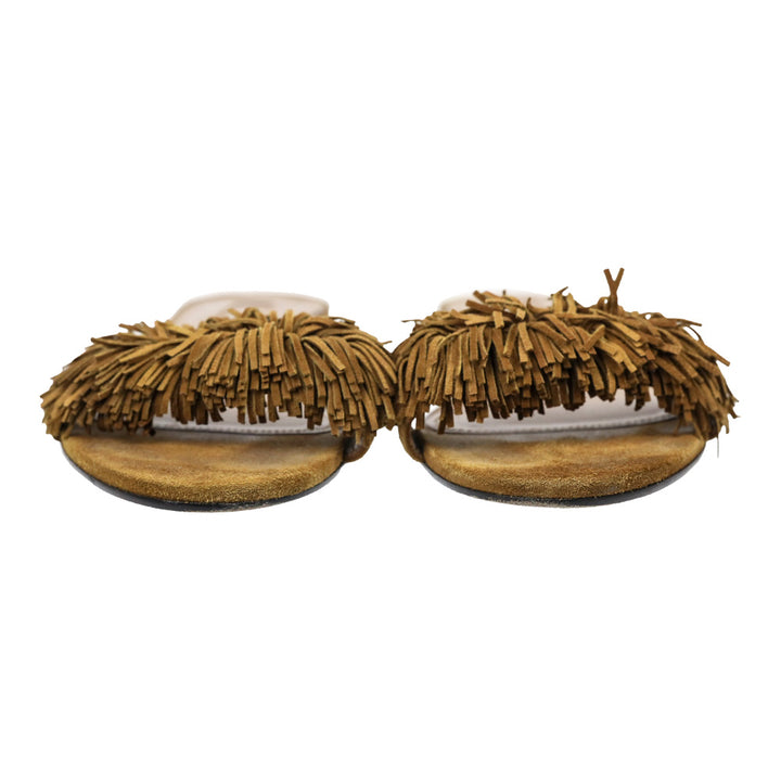 Aquazzura Cognac Fringed Suede Wild Thing Flat Slides