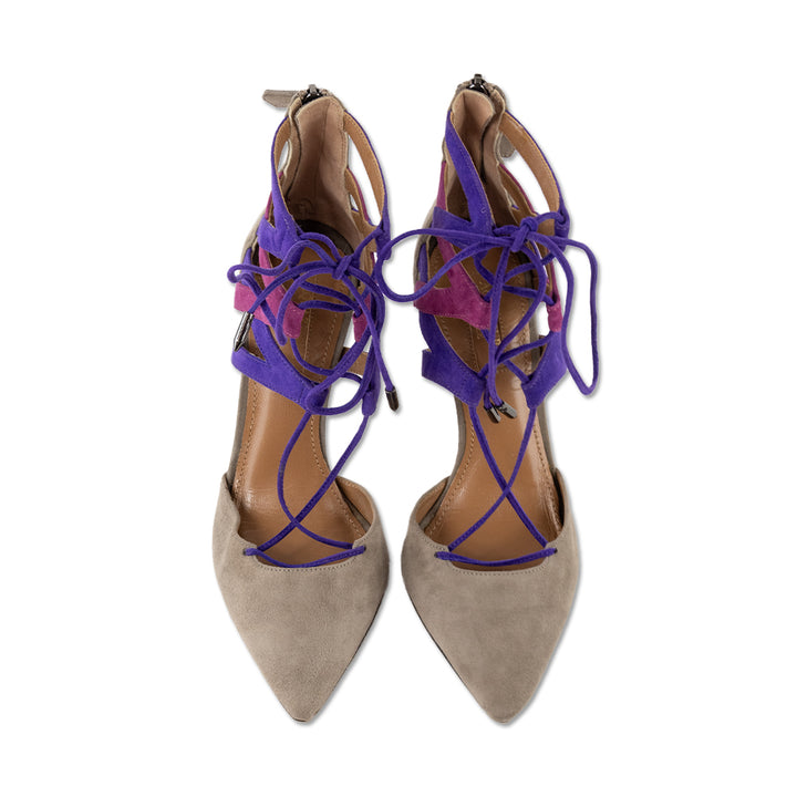 Aquazzura Gray Suede Purple Lace Up Pump