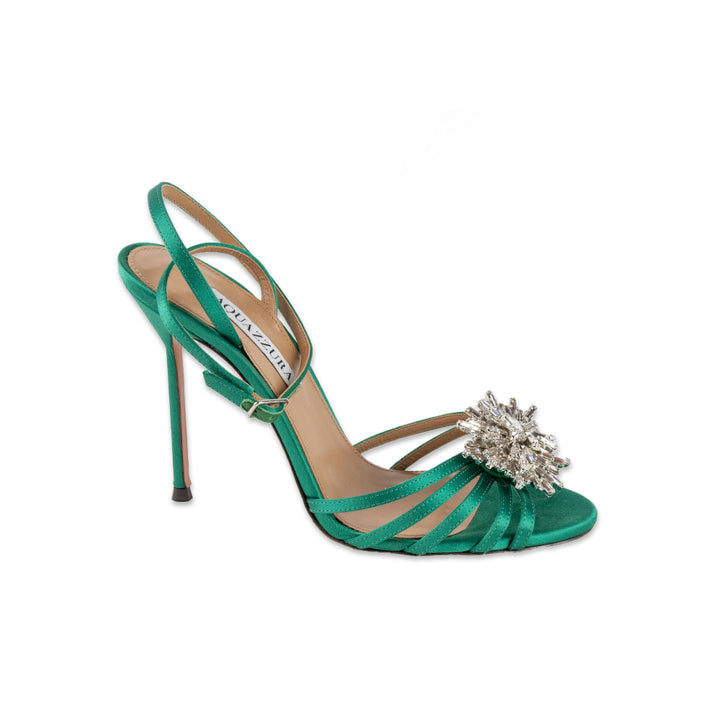 Aquazzura Green Satin Pump with Crystal Front Buckle