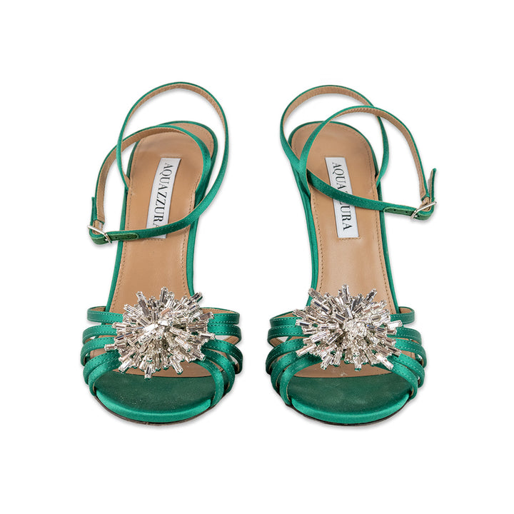 Aquazzura Green Satin Pump with Crystal Front Buckle