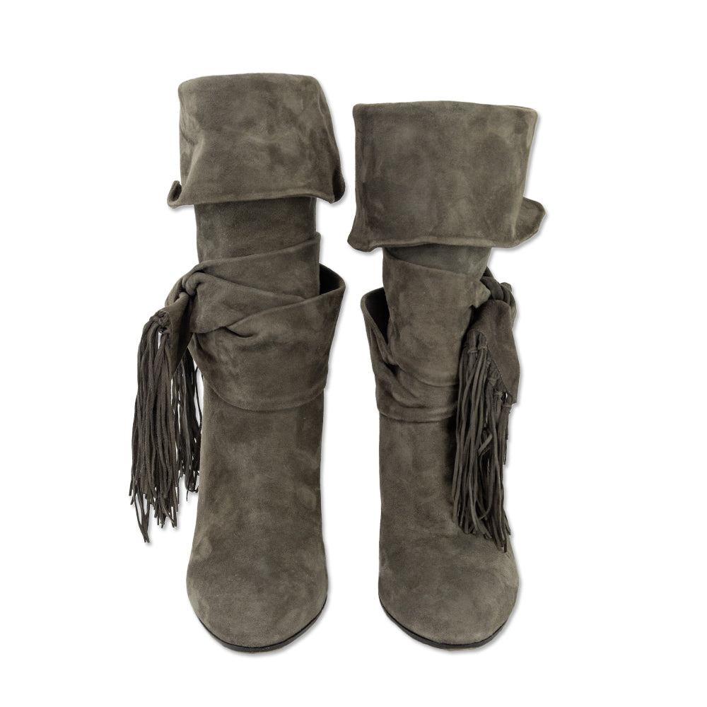 Aquazzura Grey Suede Bow Fringe Mid-Calf Boots