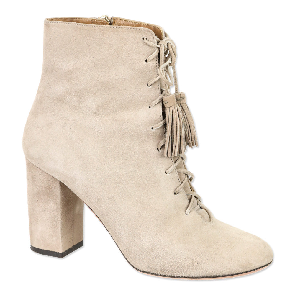 Aquazzura Nude Suede Tassel Lace-Up Booties