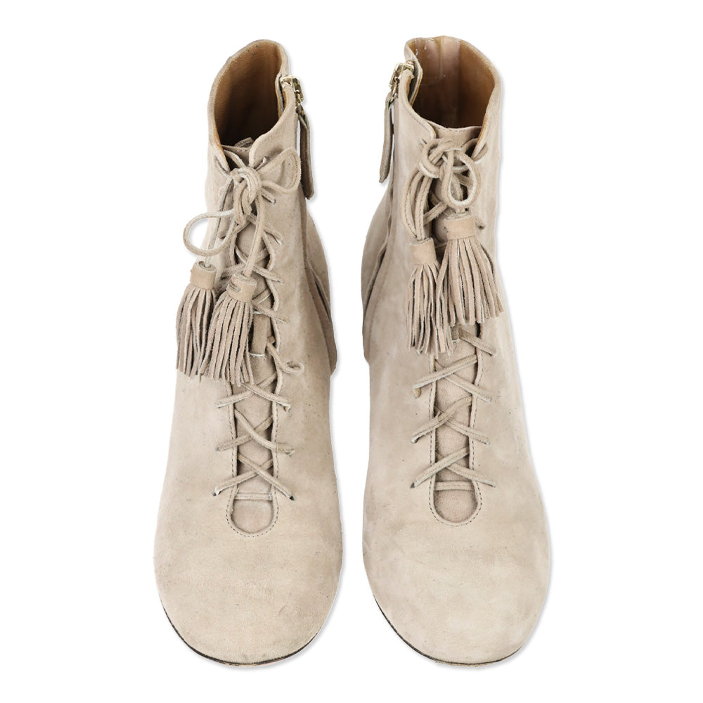 Aquazzura Nude Suede Tassel Lace-Up Booties