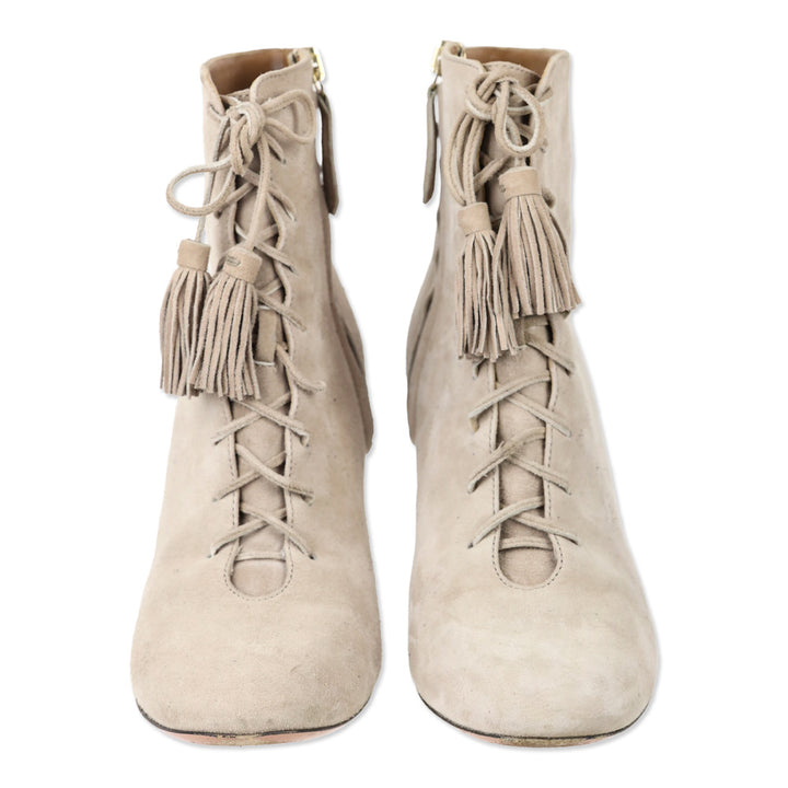 Aquazzura Nude Suede Tassel Lace-Up Booties