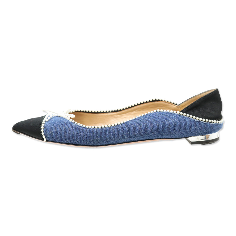 Aquazzura Pointed Toe Faux Pearl Trim Denim Flats