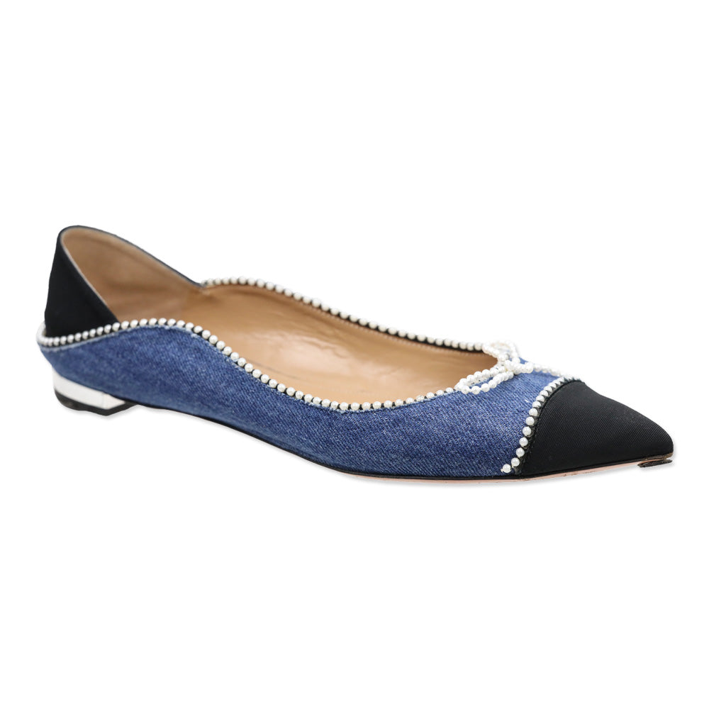 Aquazzura Pointed Toe Faux Pearl Trim Denim Flats