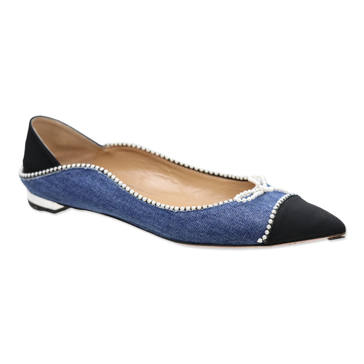 Aquazzura Pointed Toe Faux Pearl Trim Denim Flats