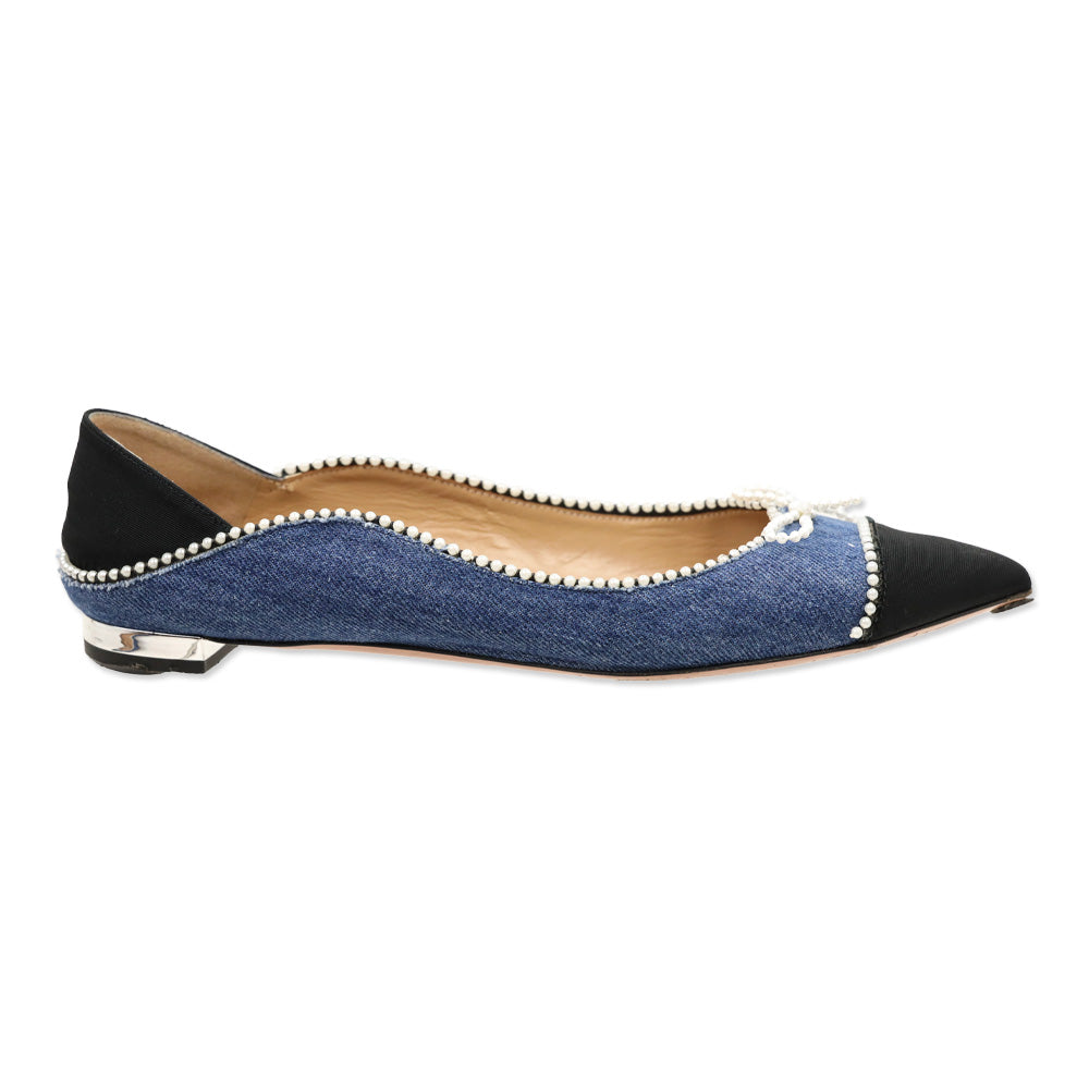 Aquazzura Pointed Toe Faux Pearl Trim Denim Flats