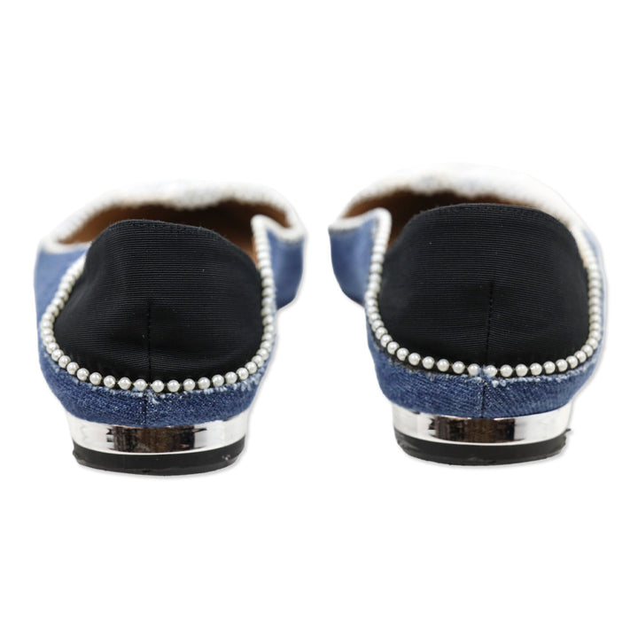 Aquazzura Pointed Toe Faux Pearl Trim Denim Flats