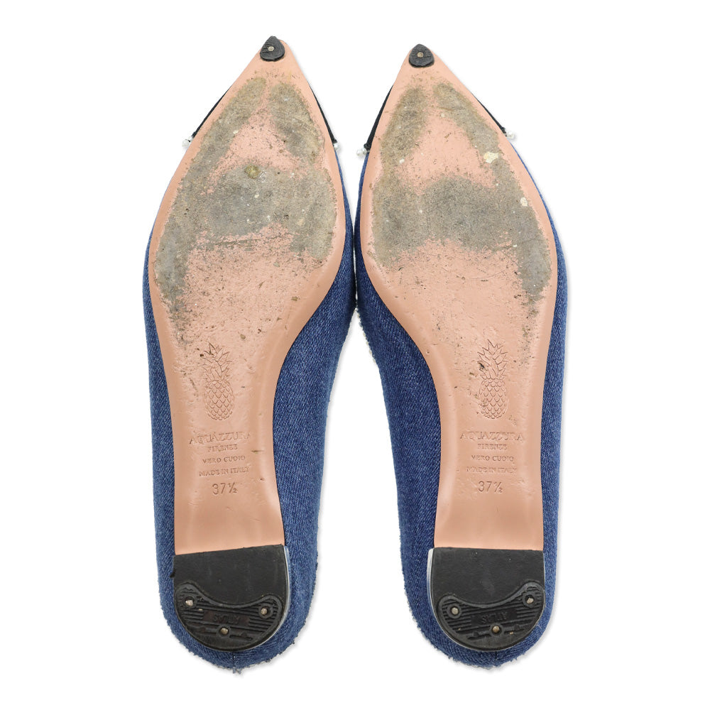 Aquazzura Pointed Toe Faux Pearl Trim Denim Flats
