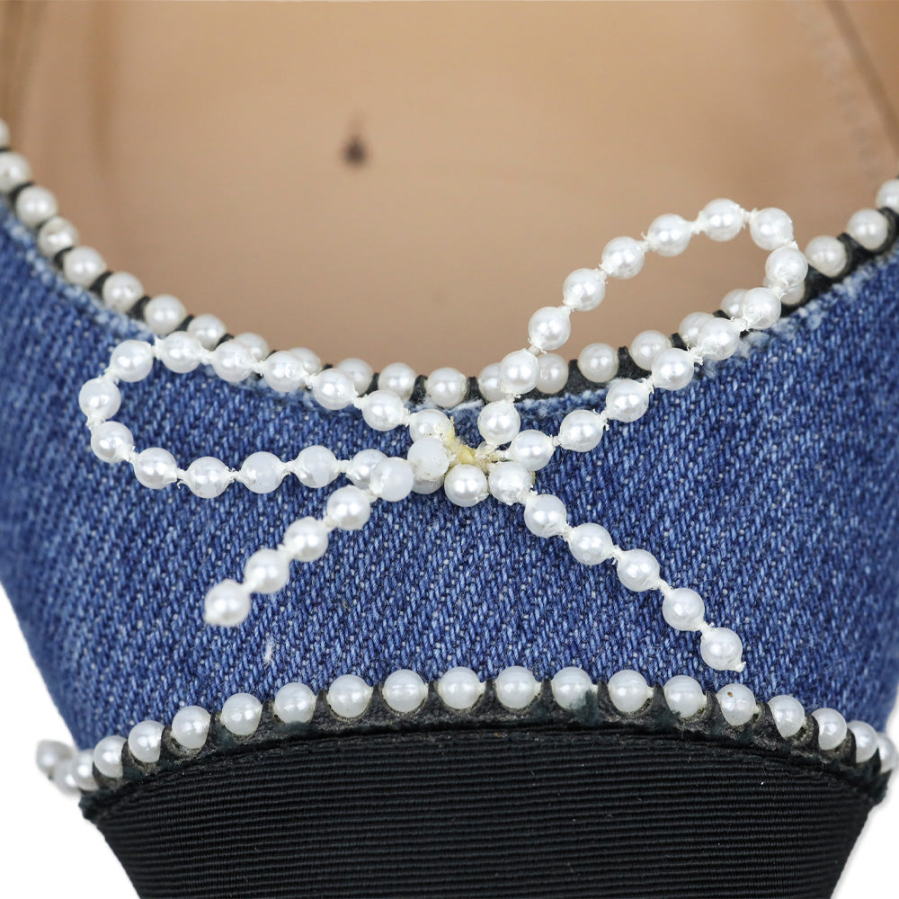 Aquazzura Pointed Toe Faux Pearl Trim Denim Flats