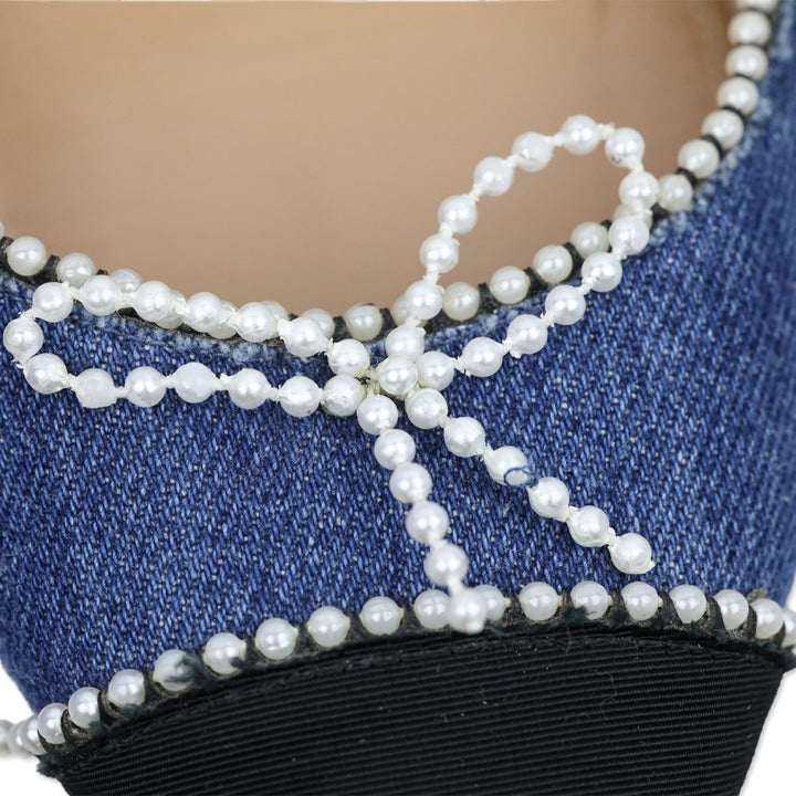 Aquazzura Pointed Toe Faux Pearl Trim Denim Flats