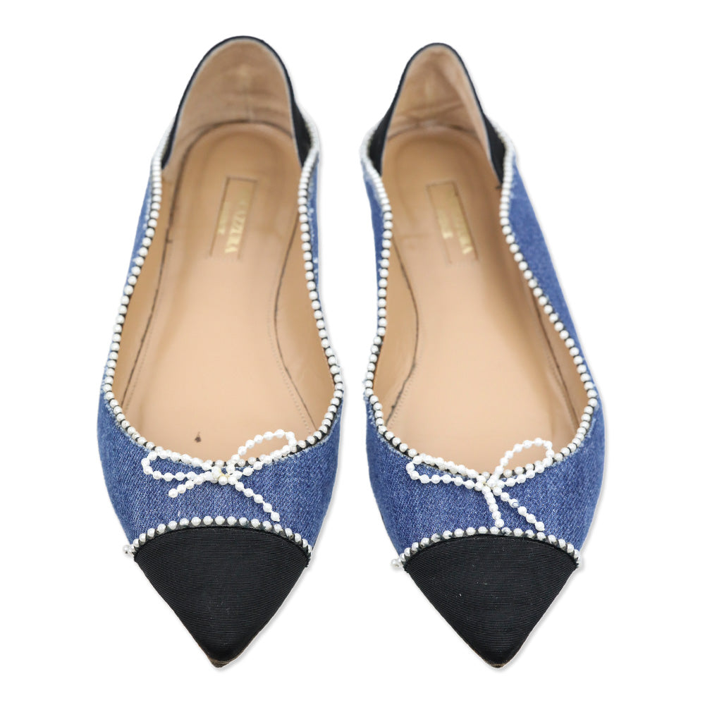 Aquazzura Pointed Toe Faux Pearl Trim Denim Flats