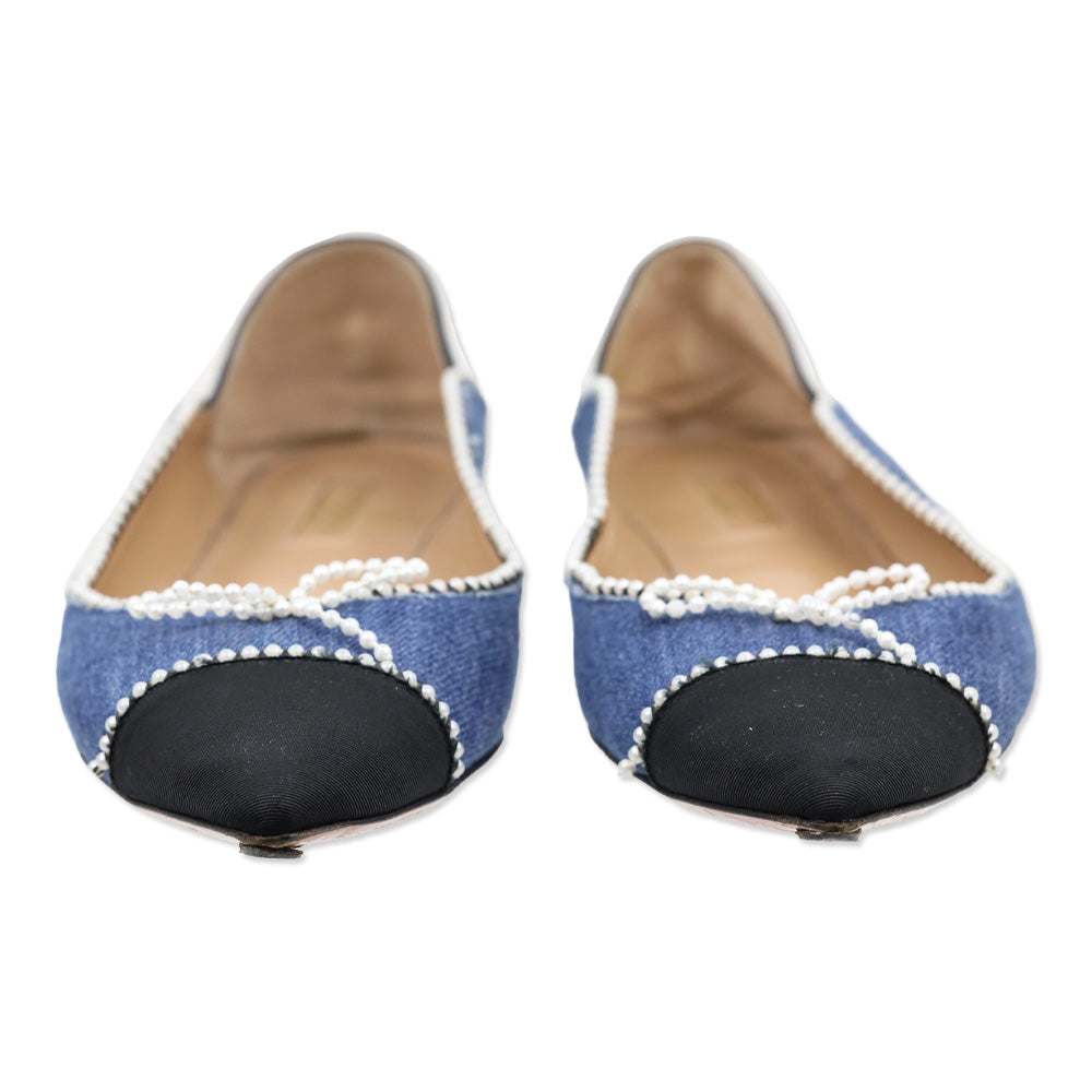 Aquazzura Pointed Toe Faux Pearl Trim Denim Flats