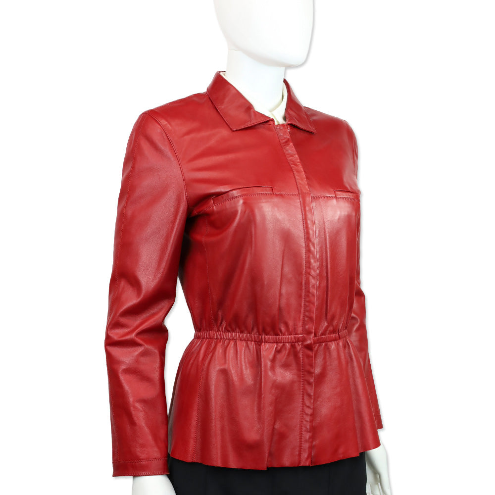 Armani Collezioni Red Lambskin Leather Peplum Jacket