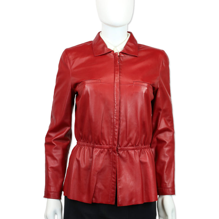 Armani Collezioni Red Lambskin Leather Peplum Jacket