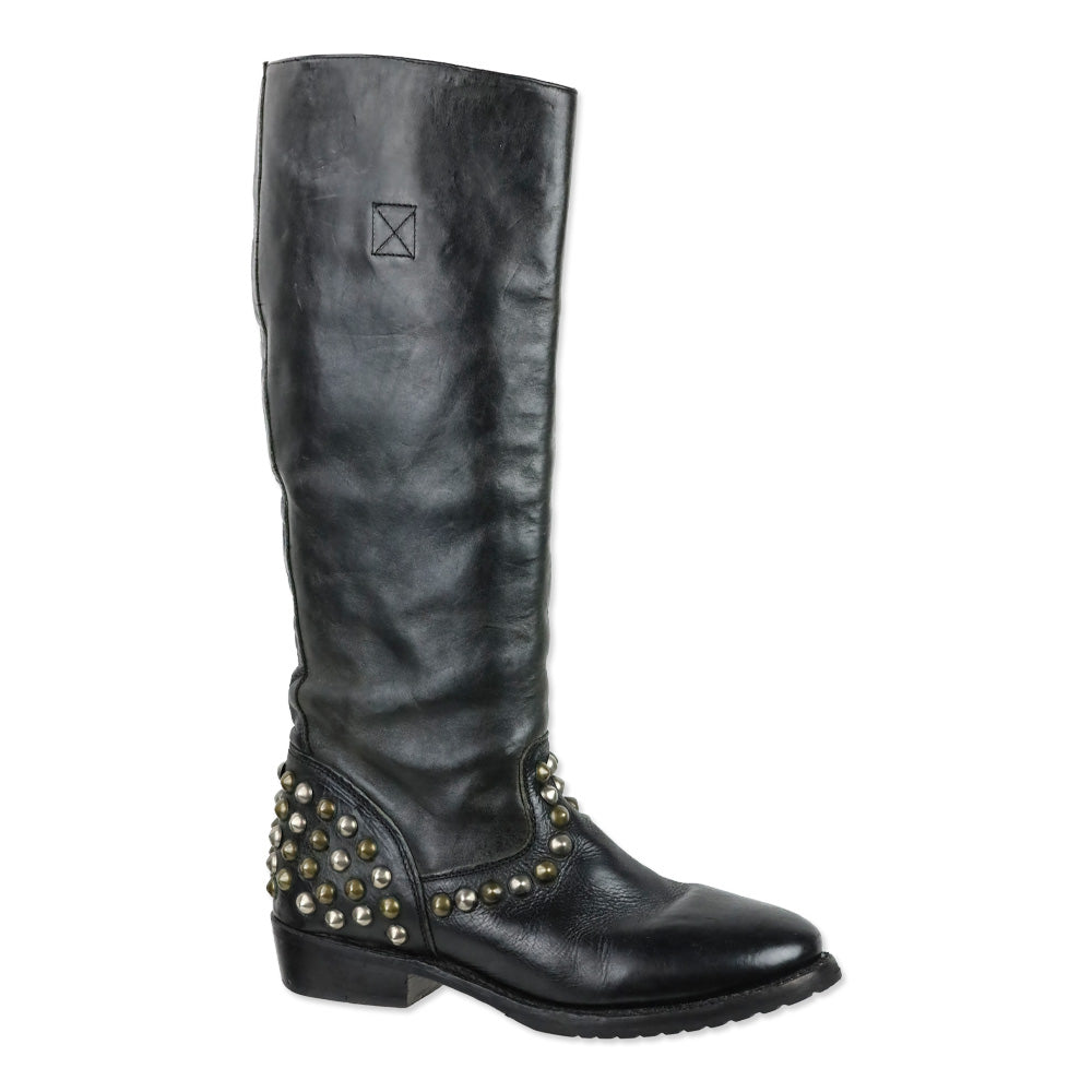 Ash Vamos Black Leather Studded Knee-High Riding Boots