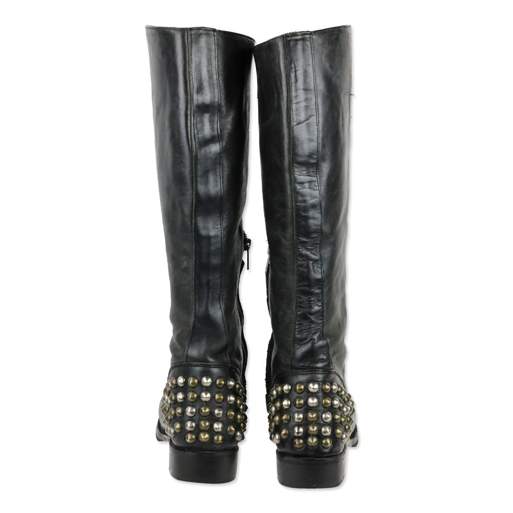 Ash Vamos Black Leather Studded Knee-High Riding Boots