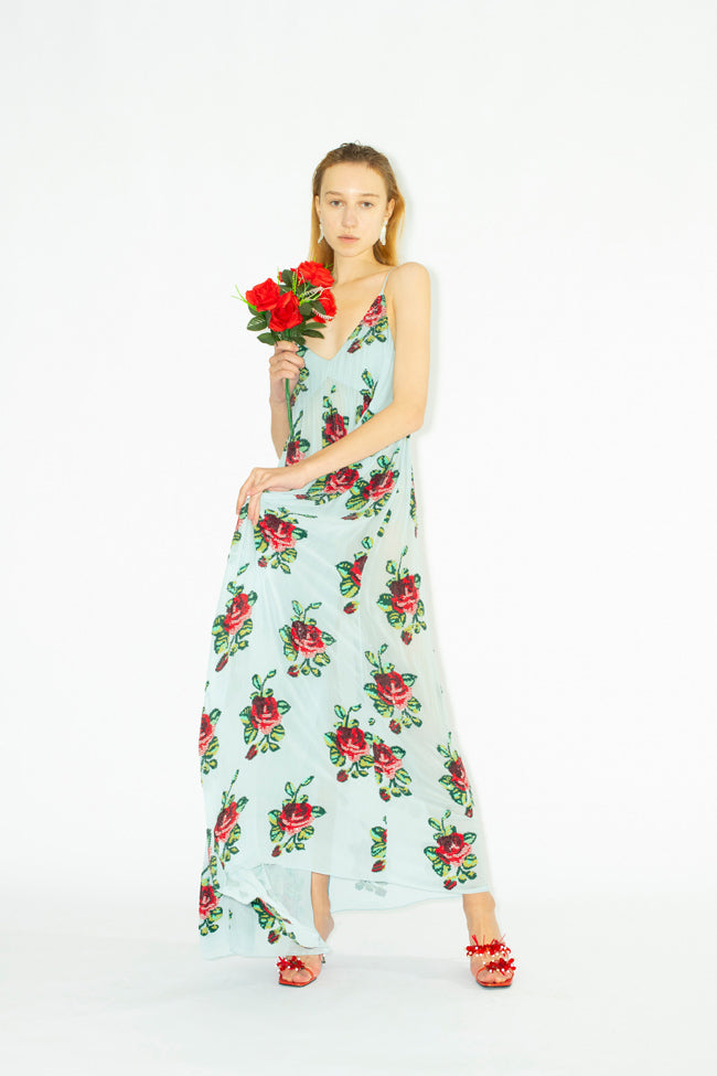 Ashish Spring 2021 Sky Blue Georgette Rose Sequin Maxi Slip Dress
