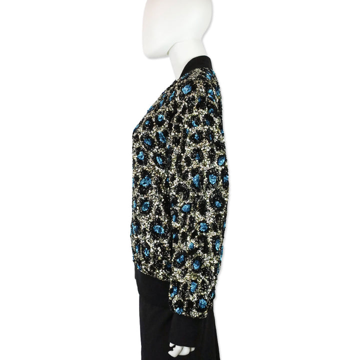 Ashish Blue Leopard Pattern Sequin Zip Bomber Jacket