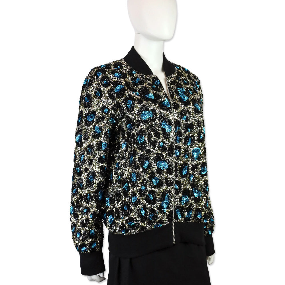 Ashish Blue Leopard Pattern Sequin Zip Bomber Jacket