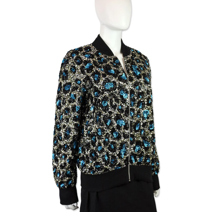 Ashish Blue Leopard Pattern Sequin Zip Bomber Jacket