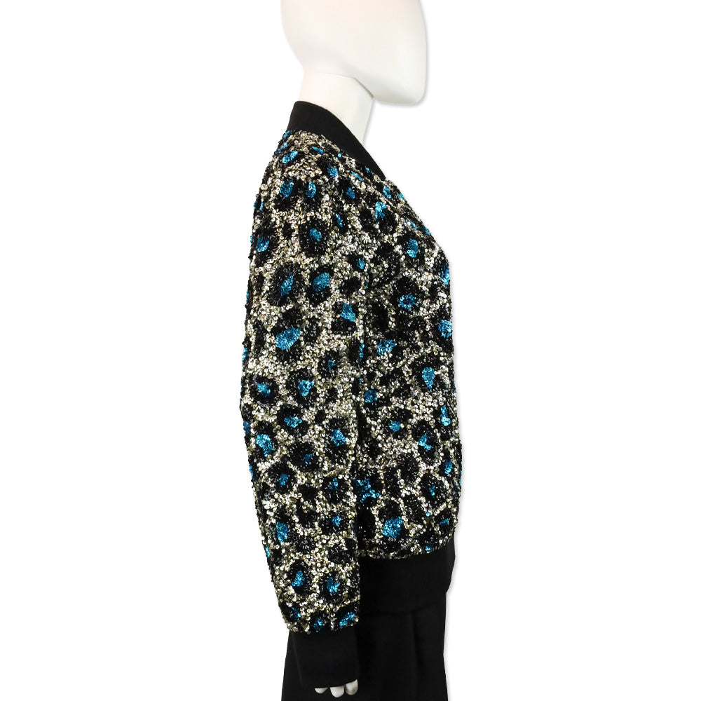 Ashish Blue Leopard Pattern Sequin Zip Bomber Jacket